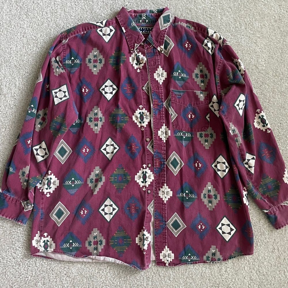 REVIEW BY BAXTER Southwestern Long Sleeve Button Front Shirt Size XL Cotton